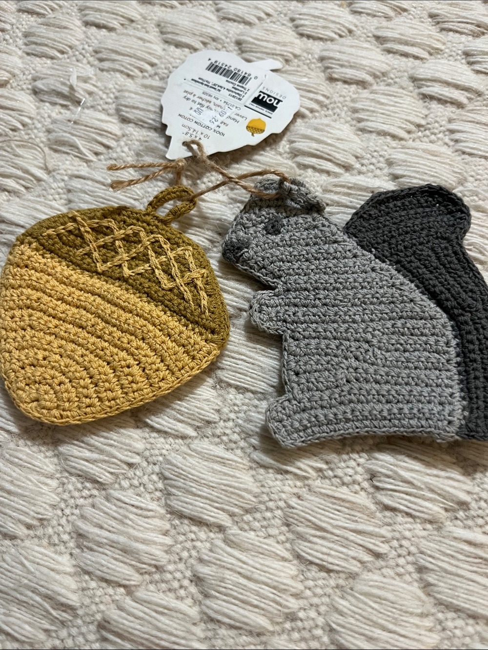 NWT Now Designs Crochet Acorn & Squirrel Kitchen Linens - Mustard, Gray, Black
